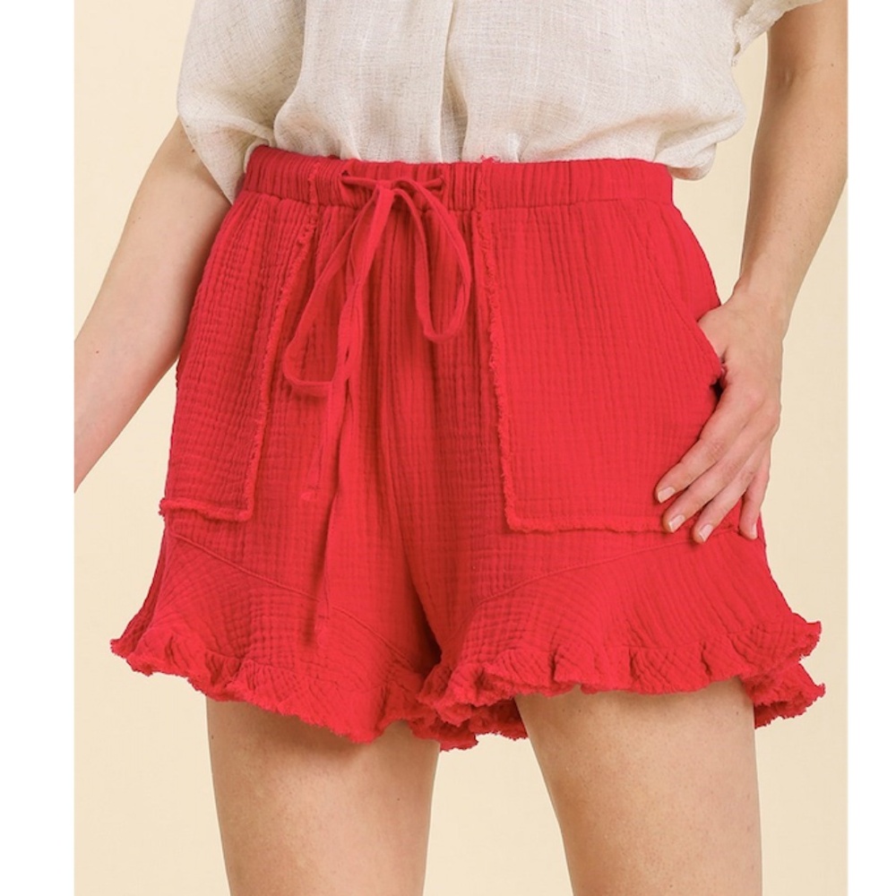 Umgee Red Ruffle Hem Shorts with Pockets